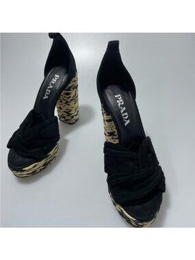 Prada Raffia Platform Knotted Sandals Suede Tan Black Women’s EU 36/US 6